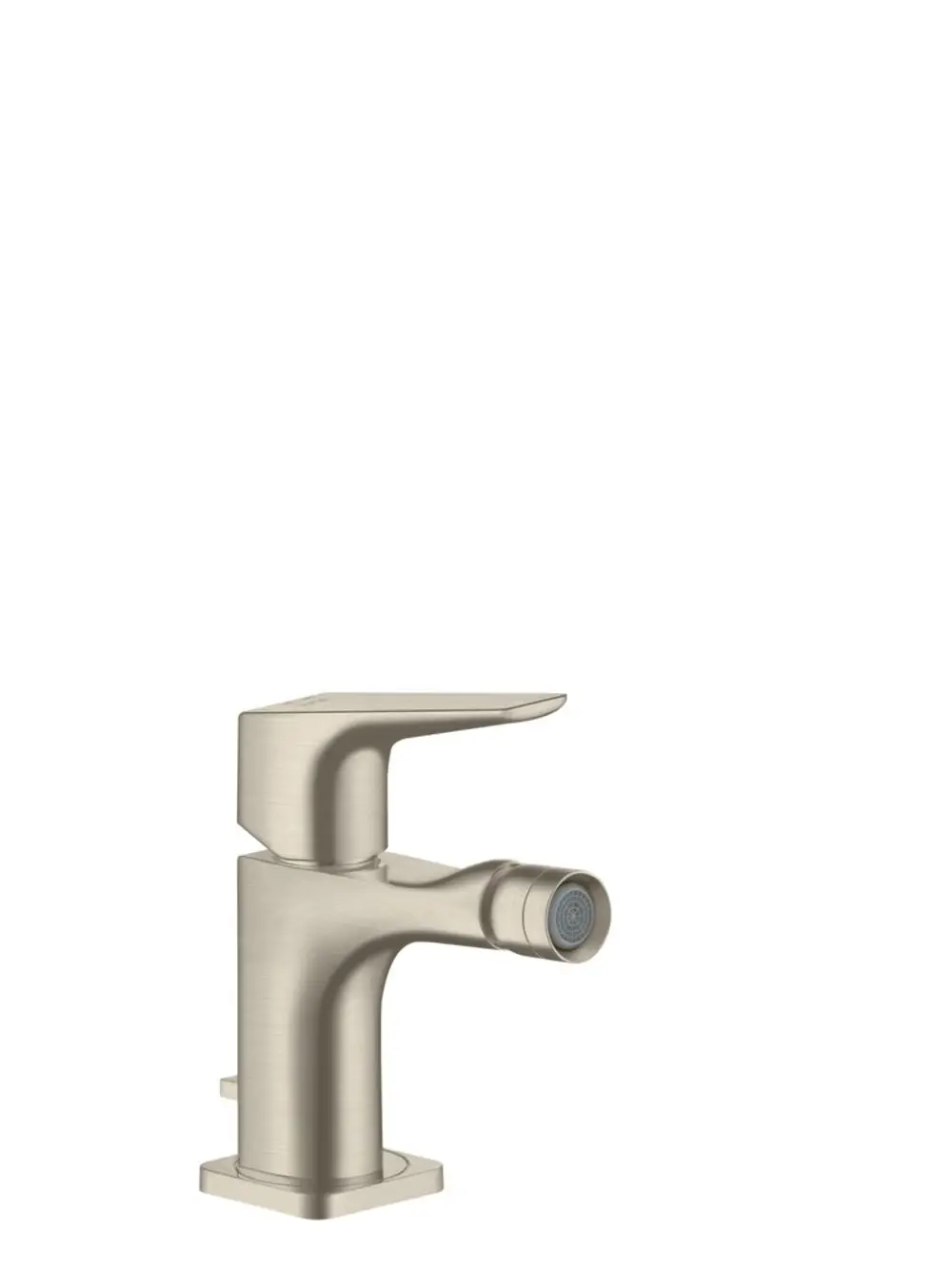 Einhebel-Bidetmischer in gebürstetem Nickel von AXOR mit einem Hebelgriff und einer Zugstangen-Ablaufgarnitur. Schlichte, funktionale Form.